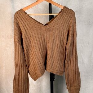 Women's Knit Long Sleeve Ribbed V-Neck Cropped
